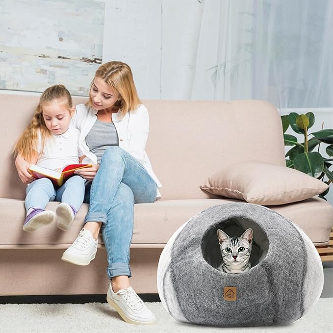 Large Wool Cat Cave Premium Felt Bed for Cats & Kittens Pet House Natural 100% Merino Wool Handmade Indoor Hideaway Eco-Friendly Cove 19 Inch Diameter Round Handcrafted Dome (Large Gray White)