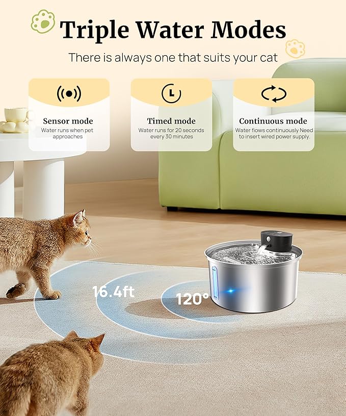 Wireless Cat Water Fountain Stainless Steel, 2025 Upgraded New Sensor - 3 Work Modes, 6000mAh Battery Operated Cat Water Fountain Cordless, Pet Water Dispenser for Cats Dogs Indoor - 108oz/3.2L