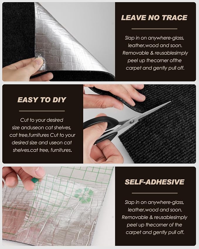 Cat Scratch Mat,Trimmable Self-Adhesive Carpet,DIY Climb Cat Scratcher for Cat Couch Furniture or Wall Protector,Covering Cat Tower,and Replacement Pads (Black)