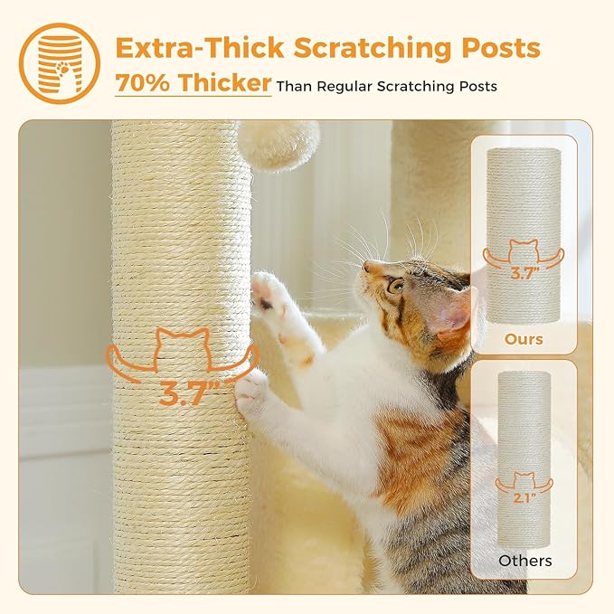 Large Cat Tree with Reinforced Scratching Posts (φ3.7in) for Big Adult Cats 30 lbs, 57.8" Heavy Duty Cat Tower with Larger Hammock and Condo, Cat Furniture for Maine Coon, Plush,Beige