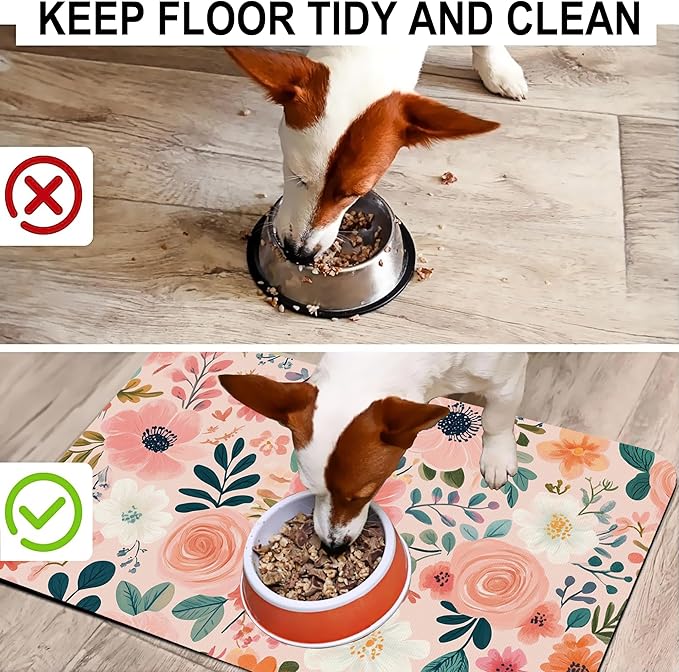 Boho Floral Pet Feeding Mat for Floors-Absorbent Dog Bowl Mat for Food and Water, Quick Dry Pet Cat Feeding Mats with Non Slip Bottom, Mess-Free Dog Accessories 16"x24"
