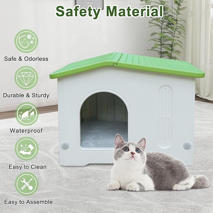Weatherproof Cat House for Outdoor Indoor Use, Plastic Feral Cat House with Escape Door and Soft Mat, Outside Cat Shelter for Small Pet, Spacious, Assemble Easily - Green