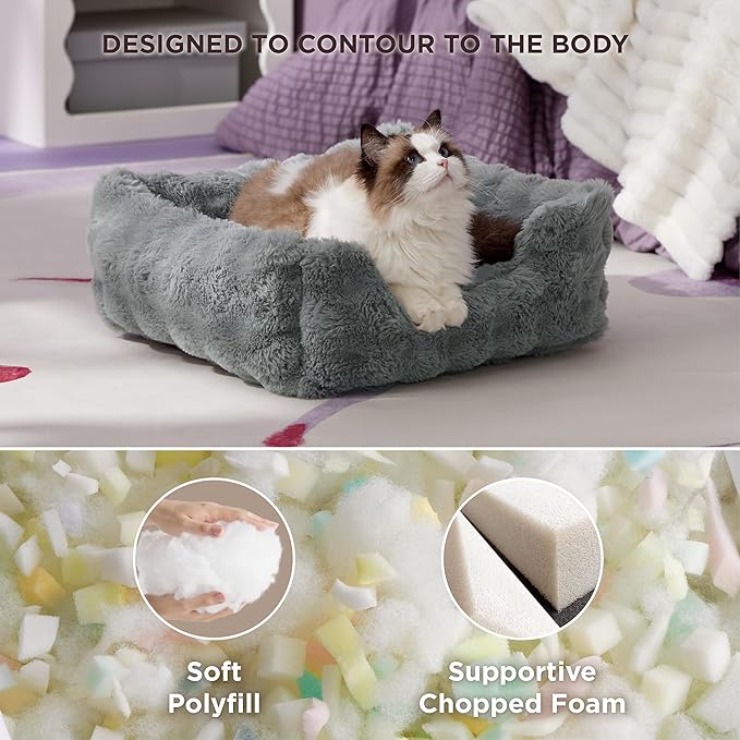 Lesure Fluffy Dog Beds for Puppy&Kitten- Orthopedic Rectangle Calming Pet Sofa,Fluffy Plush Bubble Bolster Cat Bed with Removable Washable Cover and Nonskid Bottom,20x19x6inches,Grey