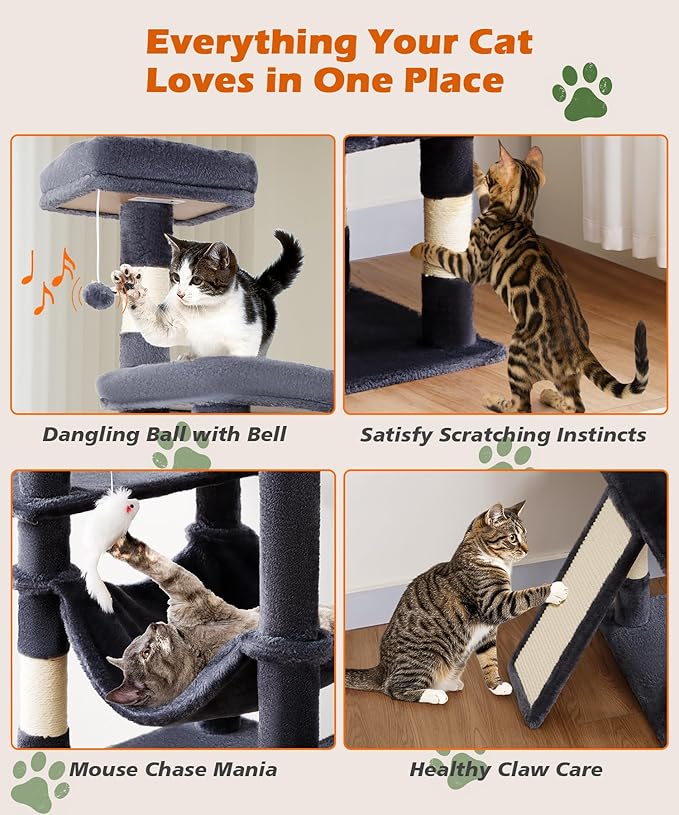 AMHANCIBLE Large Cat Tree, 83 Inch Multi-Level Tall Tower for Indoor Adult Cats, with Scratching Post and Board, Hammock, Condos, Hanging Basket, Activity Center to Play and Sleep, Dark Grey, PT21DG