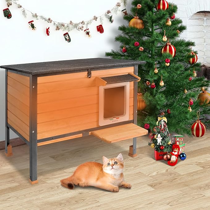 Insulated cat House Outdoor Weatherproof for Winter, Feral Cat Shelter with Insulated Liner, All Round Metal Frame Wooden Condos, Indoor and Outdoor Use for Cat, Rabbit and Small Animal