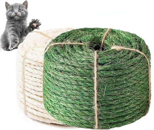 White and Green Sisal Rope 20M 6mm, Natural Premium Durable Unoiled Cat Sisal Rope for Repairing, Recovering or DIY Scratcher, Twisted Thicker Fiber Hemp Rope for Cat Tree and Tower