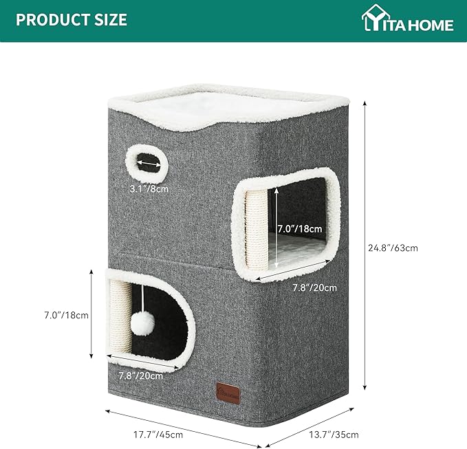 YITAHOME 2 Storey Cat House, Cat Beds for Indoor Cats, Small Cat Condo with Scratch Post and Hideaway Cave, Modern Cat Cube Playhouse for Multi Kittens, Classic Style, Grey
