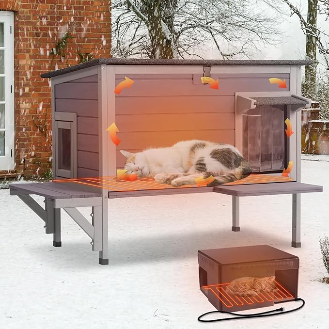GUTINNEEN Heated Cat House for Outside Insulated in Winter, Weatherproof Outdoor Cat Shelter for Feral Cats, Kitten Cage with Heating Pad and Insulated Liner