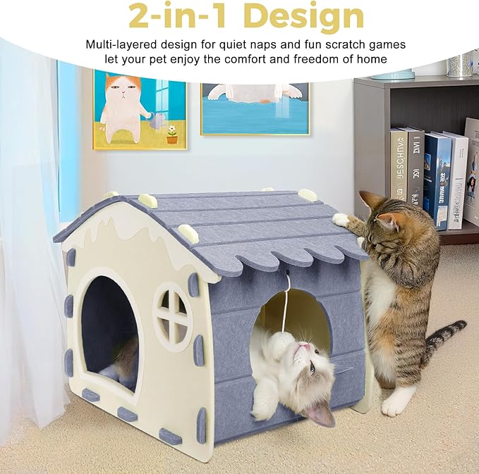 Babepets Cat House for Indoor Cats, Medium Felt Bed Cave with Ball Hanging, Foldable Detachable Cats Condo, Scratch Resistant Hideaway for Multiple Pets up to 20Lbs, House Type Cat Playhouse, Grey