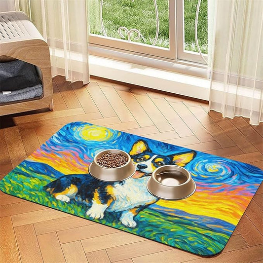 Starry Night Tri Color Dog Dog Food Mat Absorbent Bowl Mats No Stains Quick Dry Waterproof Pet Cat Placemats for Food and Water, 30x45cm
