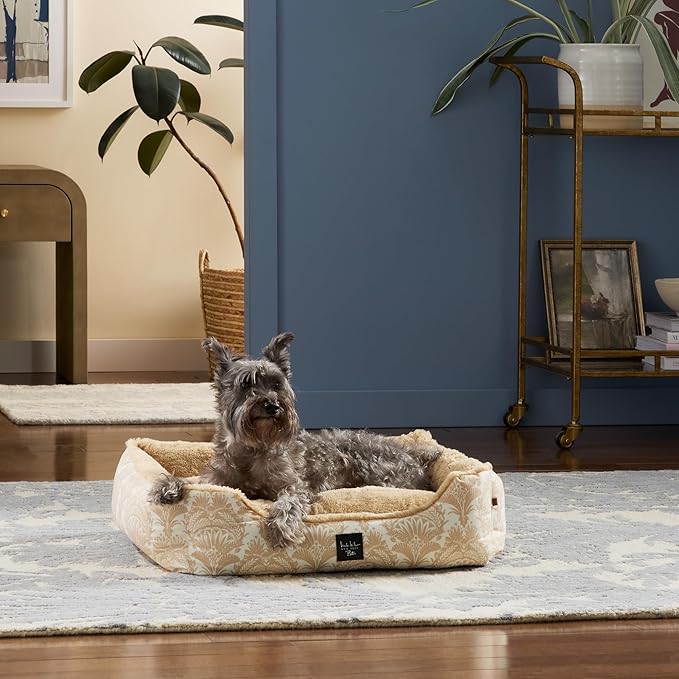 Nicole Miller New York PET Mod Damask Plushy Bolster Pet Bed, Cozy & Calming, Non-Slip Bottom, Machine Washable Cover, Taupe, Small 24"x19"x7"