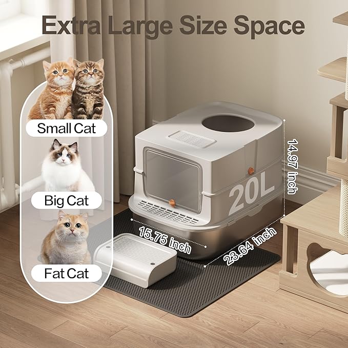 Jalove Stainless Steel Cat Litter Box with Lid, XL Extra Large Metal Litter Box for Big Cat, Covered Enclosed Kitty Litter Boxes, High Sided Enclosure with Scoop & Mat, Easy Cleaning, Light Gray