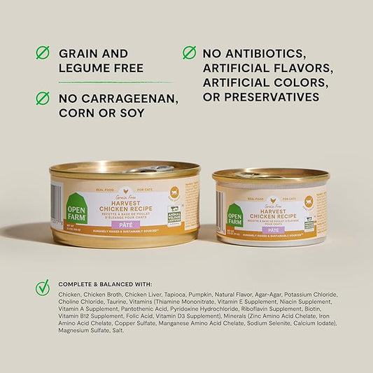 Open Farm Canned Cat Food, Paté for Complete & Balanced Nutrition, Grain-Free and Legume-Free Wet Cat Food, Harvest Chicken Recipe, 2.8oz Cans (Case of 18)