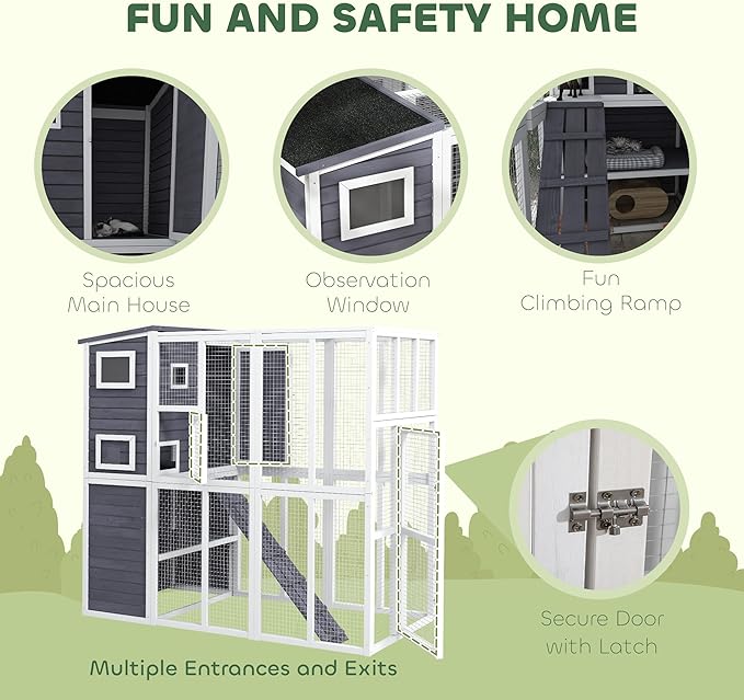 PawHut Catio Outdoor Cat Enclosure, Wooden Cat Patio with Platforms, Waterproof Asphalt Roof, Ramps, 77" L, Light Gray