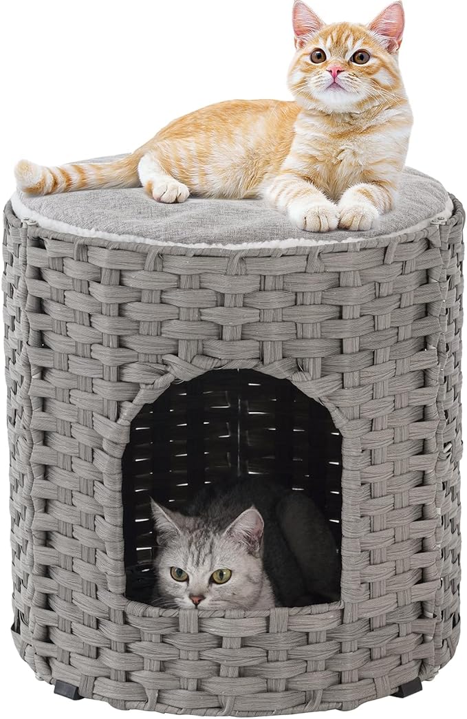 Cat House for Indoor Cat, Large Double Cat Houses Cat Bed Cave, Handwoven Rattan Pet Beds with One Soft Pad, 17 x 17 x 17 Inches Foldable Kitten Hideaway in Living Room Gray