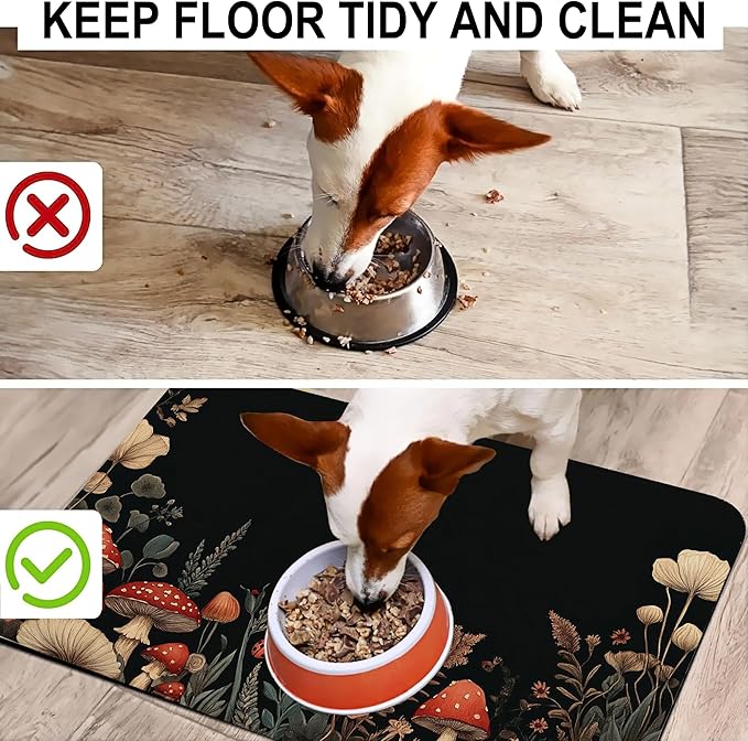 Vintage Mushroom Flower Pet Cat Dog Food Mat-Absorbent Quick Dry Feeding Placemat for Water and Food, No Stains Rubber Base Mat for Indoor Use, Pet Accessories 16"x24"