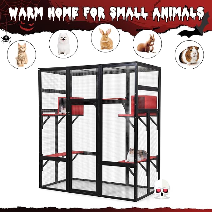 71Inches Large Wood Catio Outdoor Cat Enclosure with Perches and Condos, Cat House Indoor with Waterproof Roof, Cat Shelter 7 Platforms & 2 Resting Box, UV Resistant (Gothic)