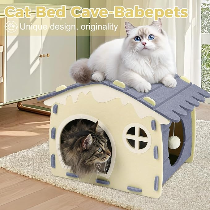 Babepets Cat House for Indoor Cats, Medium Felt Bed Cave with Ball Hanging, Foldable Detachable Cats Condo, Scratch Resistant Hideaway for Multiple Pets up to 20Lbs, House Type Cat Playhouse, Grey