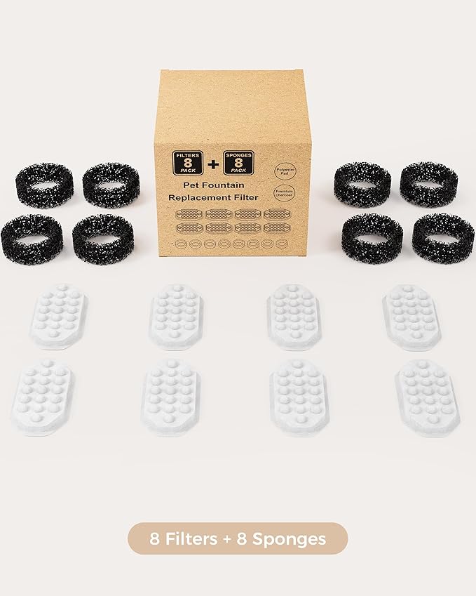 Official 8 Pack Cat Water Fountain Replacement Filters & Pre-Filter Sponges for 108oz/3.2 Stainless Steel Pet Water Fountain