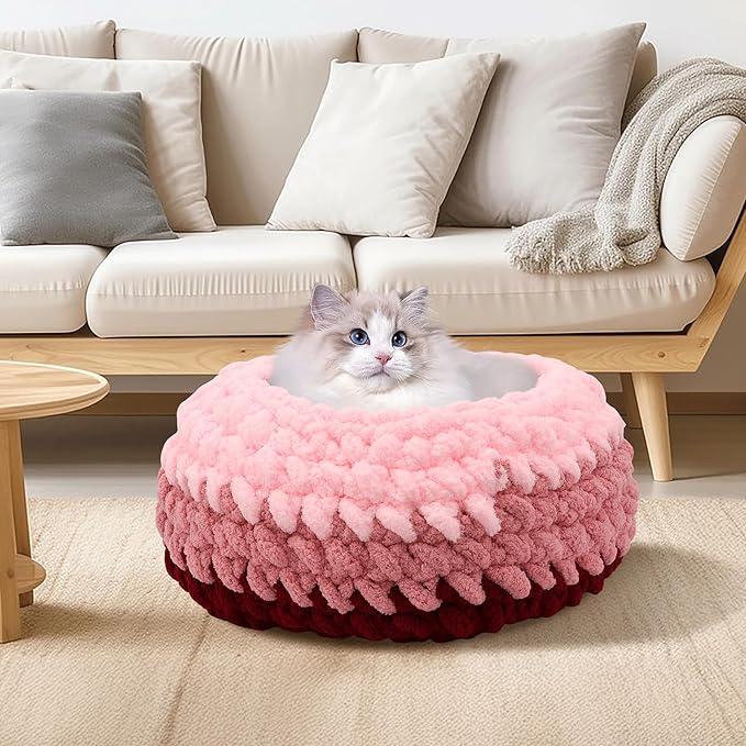 Ombre Gradient Round Cat Bed for Indoor Cats, Chunky Knit Washable & Plush Pet Bed, Cozy Nest with Non-Slip Bottom for Small Medium Cats