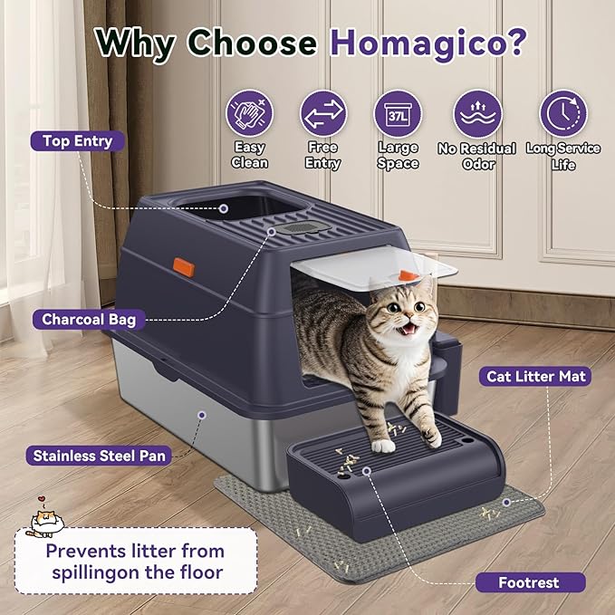 Stainless Steel Litter Box with Lid, Cat Litter Box Enclosure XL Odor-Proof with Litter Mat, Covered Litter Box Rust-Resistant Durable for Big Cat, Easy Clean 37L Capacity (Dark Purple)