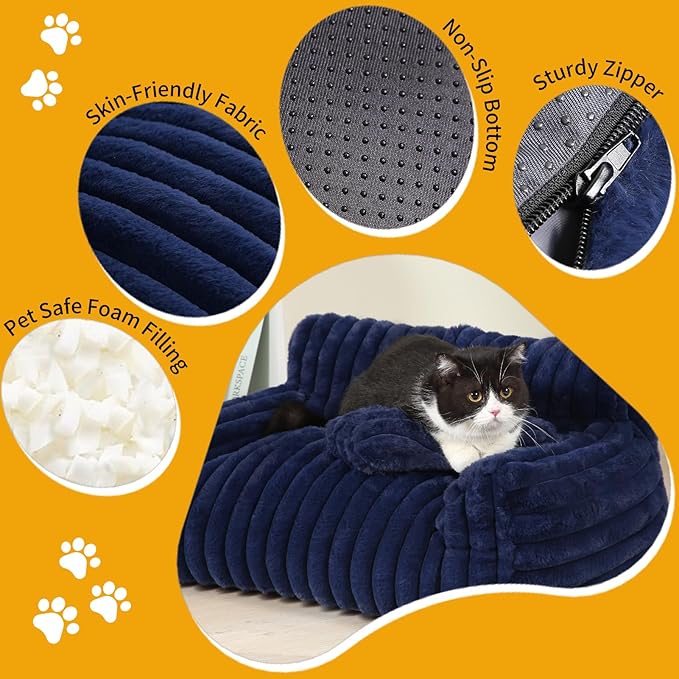 Fluffy Cat Bed, Small Dog Bed with Bone Shaped Pillow, Anti-Anxiety Pet Couch with Washable Cover, Blue