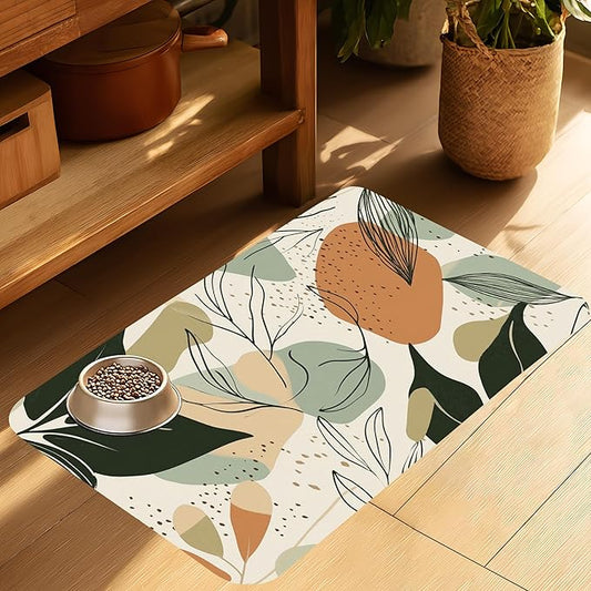 Abstract Boho Leaves Dog Food Mat-Absorbent Pet Feeding Mat for Food and Water Bowl, Quick Dry Dog Placemat with Rubber Backing-No Stains Pet Supplies for Messy Drinkers 16"x24"