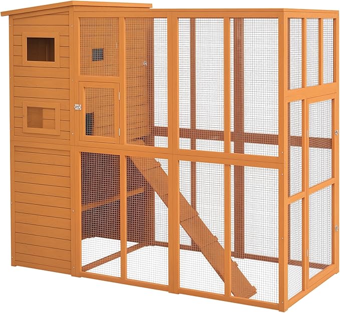 PawHut Catio Outdoor Cat Enclosure, Wooden Cat Patio with Platforms, Waterproof Asphalt Roof, Ramps, 77" L, Natural