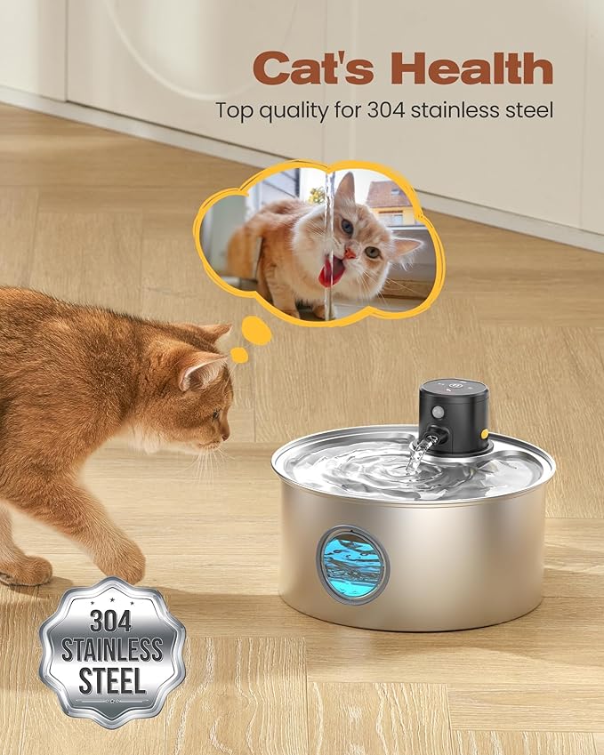 Cat Water Fountain Wireless Cordless: Cat Fountain Battery Operated - Stainless Steel Pet Water Fountain Rechargeable - 108oz/3.2L Automatic Cats Fountains for Drinking with Motion Sensor - Cats & Dog