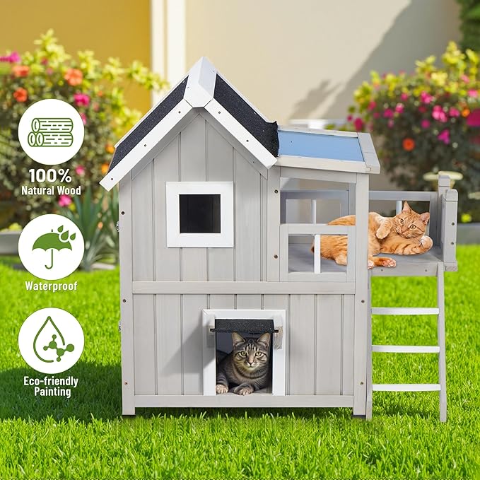 Outdoor Cat House, Cat Shelter for Feral Cats, Weatherproof 2-Story Wooden Cat House with Escape Door for 2-3 Cats