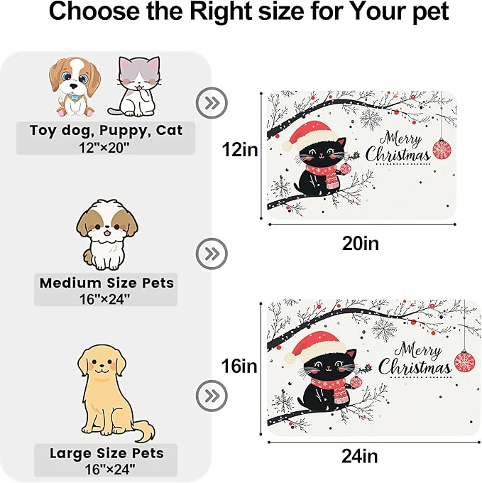 Christmas Black Cat Pet Feeding Mat-Quick Dry Absorbent Dog Cat Food Mat, Anti-Slip Water Bowl Mats for Messy Eaters-No Stains Indoor Pet Accessories 16"x24"