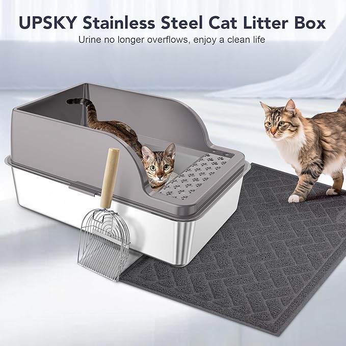 UPSKY Stainless Steel Cat Litter Box with Lid, XL Large Metal Litter Box for Large Breeds, Enclosed Kitty Litter Pan with High Sides, Leak-Proof & Non-Stick, Easy to Clean, Scoop and Mat Included