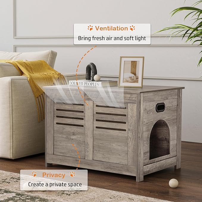 DINZI LVJ Litter Box Enclosure, Flip Top Litter Box Furniture, Hidden Cat Washroom, Wooden Cat House, End Table, 31.5" L x 19.7" W x 19.7" H, Good Ventilation, Easy to Assemble, Greige