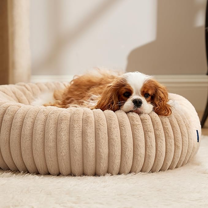 Bedsure Medium Dog Bed - Washable Faux Fur with Corduroy Fleece & Anti Slip Bottom, Round Pet Bed with Removable Cover, Sandy Tan, 30x30x8 inches