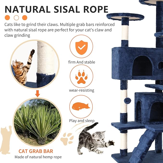 BestPet | 54" Cat Tree Tower | Navy Blue | Sturdy, Easy to Assemble, Multi-Level Activity Center with Sisal Scratching Posts, Condos, Perches, Hanging Cat Toys, Observation Decks & Ladder