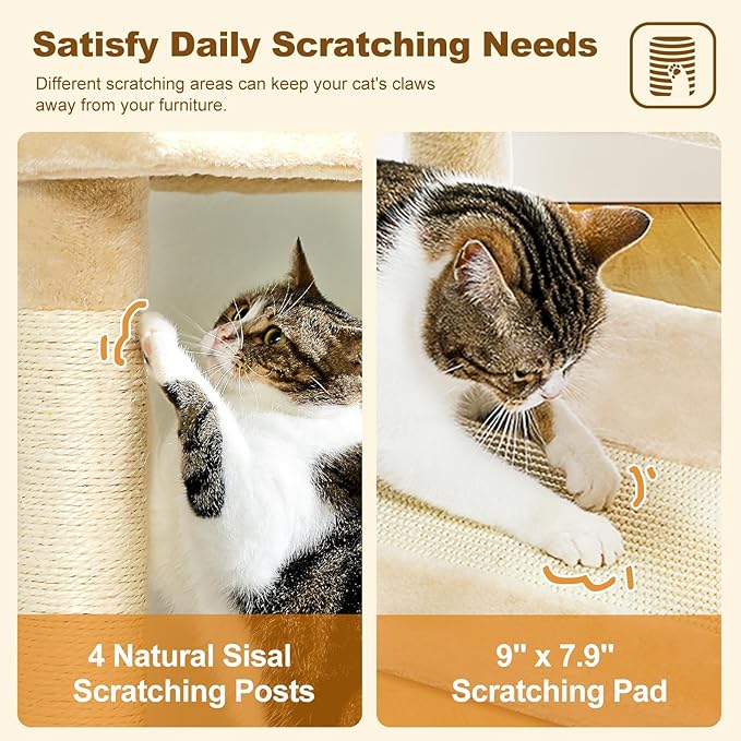 PAWZ Road Cat Tree Tower 62 Inches Cat Tree with 2 Condos,2 Large Perch,4 Scratching Posts & 1 Scratching Board, and 2 Hanging Balls for Indoor Cats-Beige