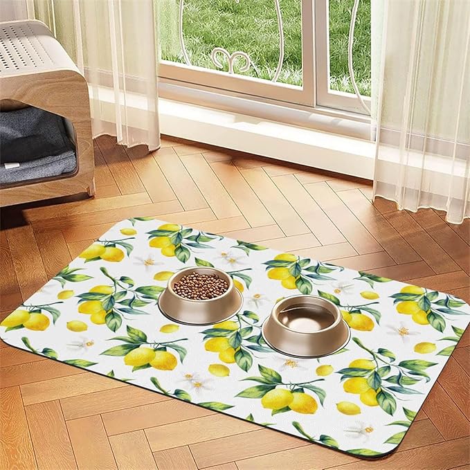 Tropical Lemon Leaves Dog Food Mat Absorbent Bowl Mats No Stains Quick Dry Waterproof Pet Cat Placemats for Food and Water, 30x45cm