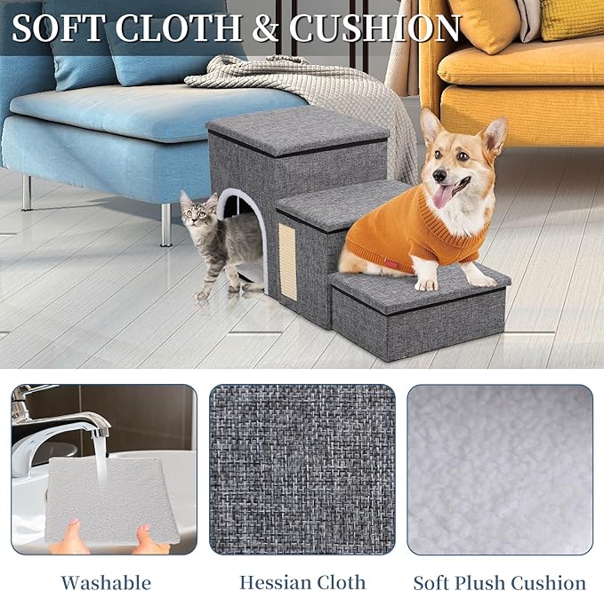 Upgrade XL Dog Stairs for Bed and Couch, 35.5"L x 13.8"D x 17"H, Foldable Dog Steps with Wider Stairs, Large Condo, Storage Space, Pet Stairs Steps for Cats, Small/Older Large Dogs, Hold Up to 180lbs