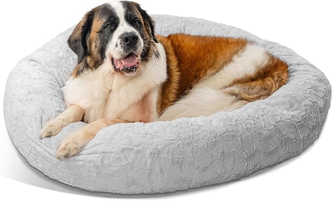 Best Friends by Sheri Original Calming Donut Dog and Cat Bed, Lux Faux Fur, Gray, XL (45in x 45in) - Anxiety Relief for Pets Up to 150 lbs