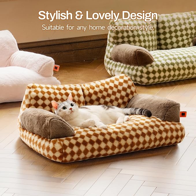 MEWOOFUN Cat Bed for Indoor Cats, Washable Dog Beds for Small Medium Dogs & Cats, Fluffy Cat Couch with Non-Slip Bottom, 26×19×13 Inch (Brown, 26.0" L x 19.0" W x 13.0" Th)