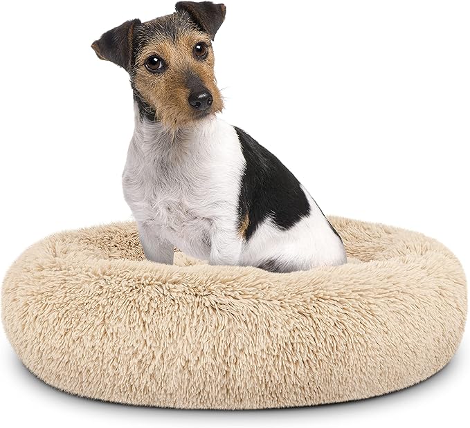 The Dog’s Bed Sound Sleep Donut Dog Bed, Med Dog Beige Fur Calming Nest Bed, Veterinary Approved