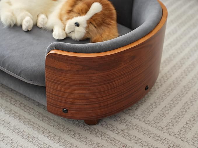 HomSof 26.38" Scandinavian Style Elevated Dog Cat Bed Pet Sofa with Solid Wood Legs and Bent Wood Back with Velvet Cushion,Small Size，Grey+Brown