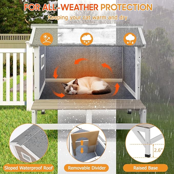 Insulated Cat House Outdoor with Balcony All-Round Insulation Weatherproof Outside Feral Cat Shelter for Winter, Wooden Pet House with Raised Base and Openable Roof for Cats & Small Animals