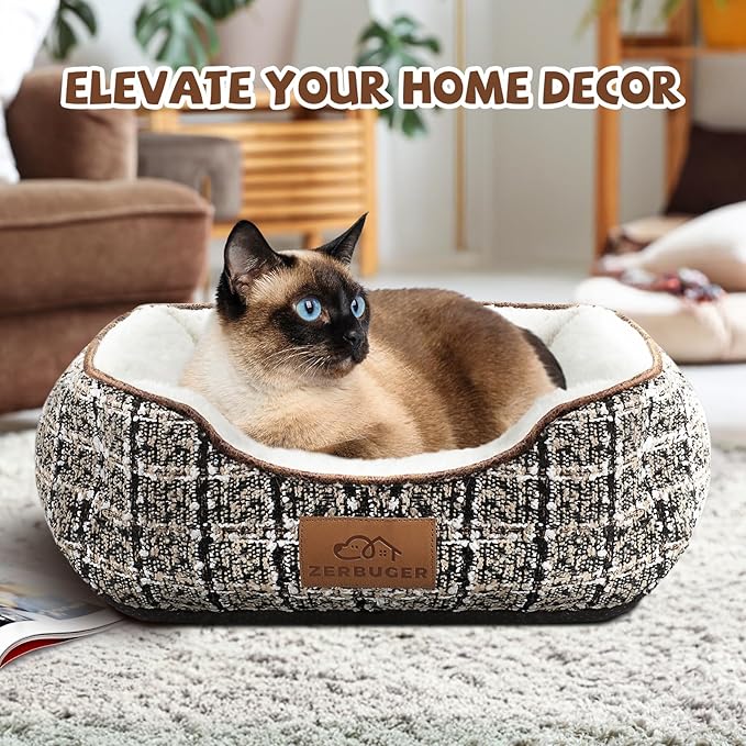 Tweed Rectangle Cat Dog Bed for Medium Small Pets Indoor Outdoor Machine Washable Sleeping Sofa Non-Slip Bottom Soft Puppy Bed Durable Orthopedic Calming Pet Cuddler (Small, Tweed)