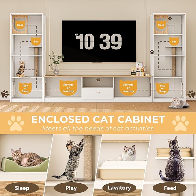3-in-1 Cat Cabinet and TV Stand White Cat Climbing Furniture with Scratching Posts Pet Door, Modern Wooden Design with Storage and Drawer for Living Room