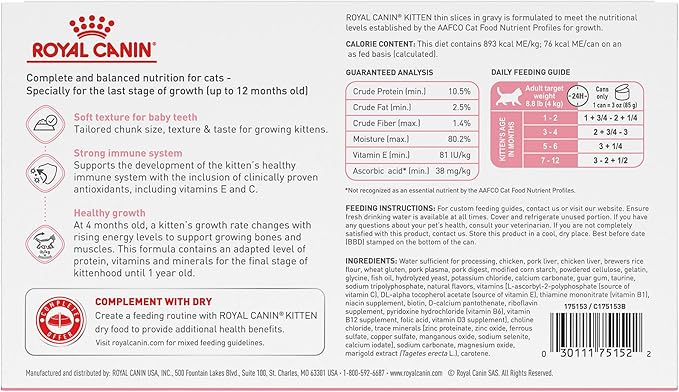 Royal Canin Feline Health Nutrition Kitten Thin Slices in Gravy Canned Cat Food, 3 oz can (18-count)