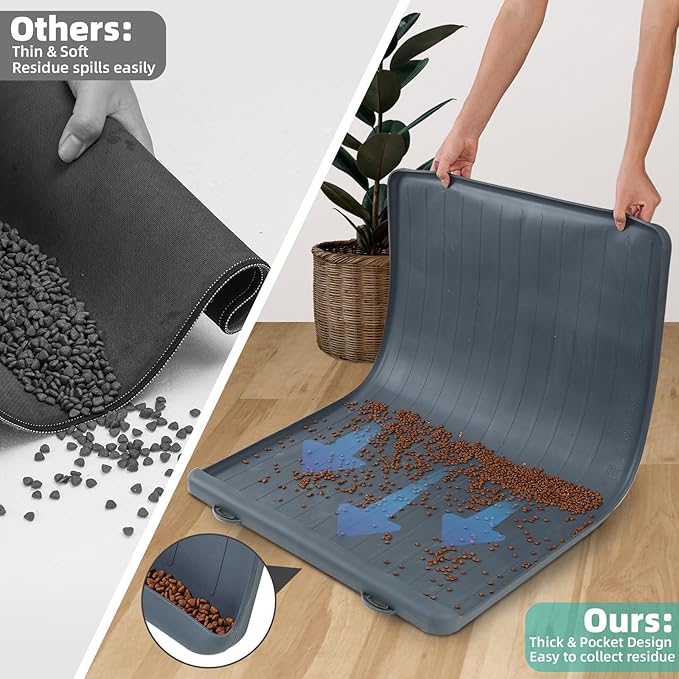 Dog Mat for Food and Water - 39.4" x 27" Large Pet Feeding Mats with Residue Collection Pocket - Waterproof Dog Cat Bowl Mat with High Edges to Prevent Water and Food Spills (Dark Grey)