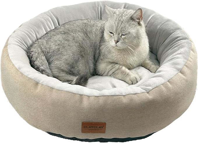 Cozy Round Cat Bed – Soft, Comfortable Cushion for Cats & Kittens – Non-Slip, Machine Washable, Plush Sleep Bed for Cats, Ideal for Resting & Napping (Khaki & Small)