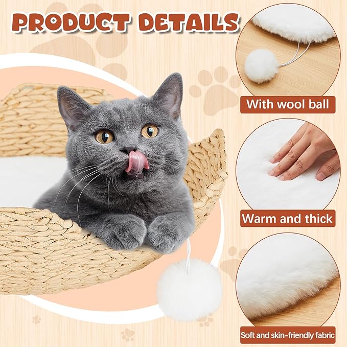 Abbylike 3 Pack 13.8 Round Cat Dog Bed Cushion Pad Mat Faux Rabbit Fur Pet Sleeping Mat with Small Ball Warm Plush Anti Slip Washable Cat Tree Tower Replacement Cushion Pad for Carrier Crate, White