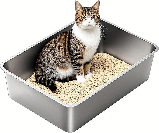 Stainless Steel Cat Litter Box, Large Metal Litterbox, XL Stainless Steel Litter Tray Pan for Big Cats, 23.6" Lx15.7 W x5.9 H, No Odor Absorption, Easy to Clean, Rustproof, Leakproof